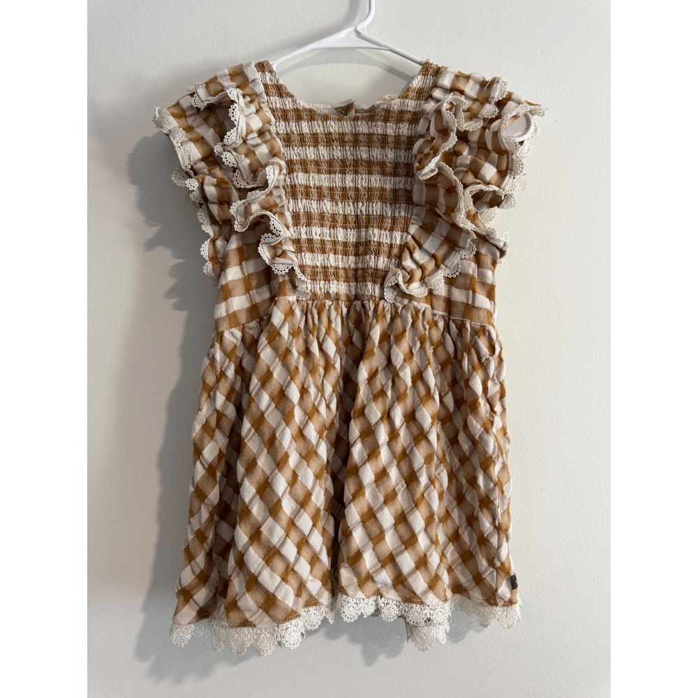 Matilda Jane Gingham Smocked shirt Girls 16 Tan Lace Trim Flutter Sleeve Prairie